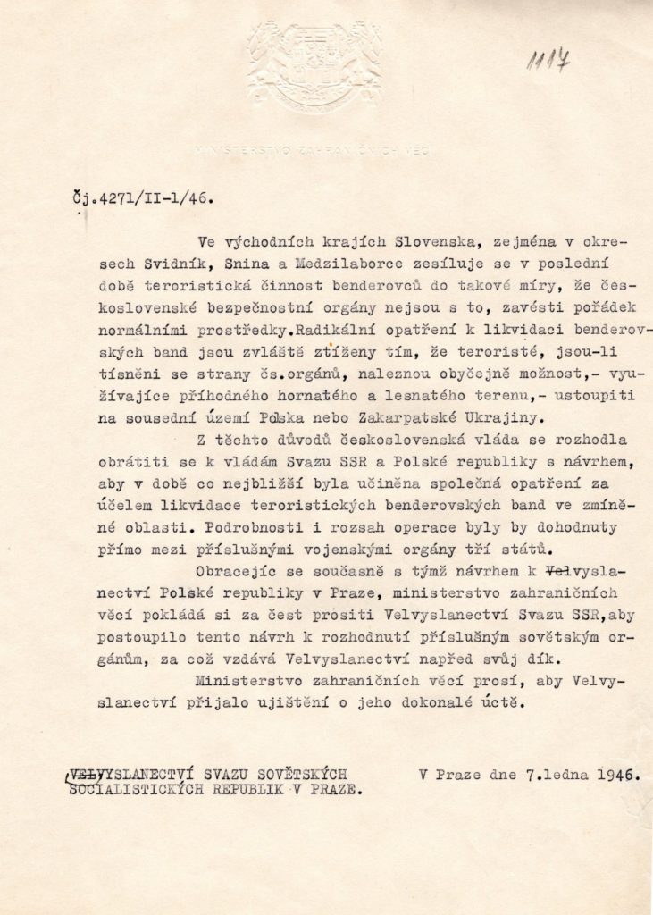 Zpráva Ministerstva zahraničních věcí pro Velvyslanectví Svazu sovětských socialistických republik v Praze o návrhu na součinnost polských, sovětských a československých bezpečnostních sil proti banderovcům.