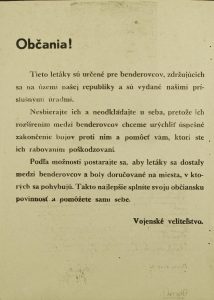 Leták rozšiřovaný československými bezpečnostními složkami informující zbytky banderovců o zajetí jejich velitele V. Ščyhelského a vyzývající je, aby se vzdali.