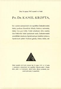 Oznámení o úmrtí K. Krofty a konání státního smutečního aktu v Praze.