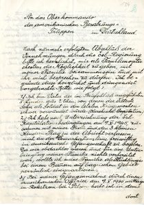 Frankův dopis Vrchnímu velitelství amerických okupačních vojsk v Německu s prosbou o brzké předání z Prahy zpět do americké okupační zóny z důvodu setkání s manželkou a dětmi.