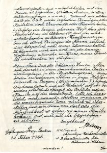 Frankův dopis Vrchnímu velitelství amerických okupačních vojsk v Německu s prosbou o brzké předání z Prahy zpět do americké okupační zóny z důvodu setkání s manželkou a dětmi.