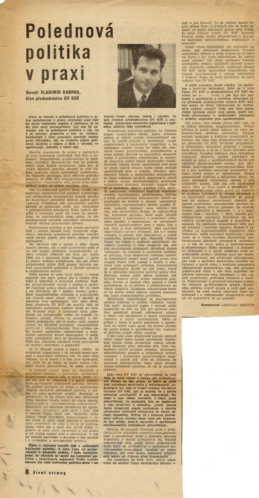 Polednová politika v praxi, rozhovor s Vl. Kabrnou (časopis Život strany, 10. dubna 1969), fond Vl. Kabrny, NAD 2395.
