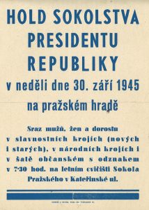 Výzva pro členy Sokola k účasti na zdravici prezidentu E. Benešovi na Pražském hradě.