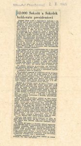 Zpráva deníku Čs. obce legionářské Národní osvobození o holdu sokolstva prezidentu republiky.
