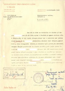 Zpráva Společnosti pro obnovu Lidic o správné identifikaci pohřešovaného lidického chlapce J. Suchého jako B. S. z Hlučína a o jeho předání skutečné matce.