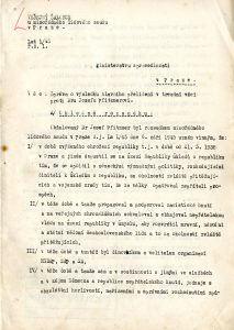 Zpráva Veřejného žalobce u Mimořádného soudu v Praze o výsledku hlavního přelíčení v trestní věci proti J. Pfitznerovi a o průběhu výkonu trestu určená Ministerstvu spravedlnosti.
