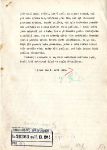 Zpráva Veřejného žalobce u Mimořádného soudu v Praze o výsledku hlavního přelíčení v trestní věci proti J. Pfitznerovi a o průběhu výkonu trestu určená Ministerstvu spravedlnosti.
