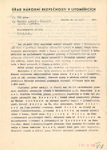 Zpráva Úřadu národní bezpečnosti v Litoměřicích o průběhu tryzny v Terezíně zaslaná Ministerstvu vnitra.