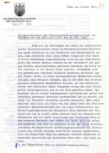 Měsíční situační zpráva náměstka pražského primátora J. Pfitznera za období od 1. 4. do 30. 6. 1942 obsahující mj. vyjádření lítosti nad úmrtím R. Heydricha a odsouzení atentátu, zaslaná státnímu tajemníkovi K. H. Frankovi (s průvodním dopisem z 1. 7. 1942).