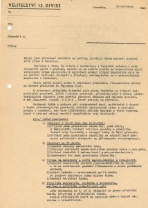 Projekt Velitelství 12. divize v Litoměřicích na uspořádání pietní slavnosti v Terezíně, plánované na 26. srpen 1945, zaslaný repatriačnímu odboru Ministerstva ochrany práce a sociální péče.