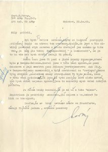 Žádost MOPSP o pátrání po R. Peřinovi z Brna, vězněném členu Obrany národa, postoupená 9. 1. 1946 hlavnímu repatriačnímu styčnému důstojníkovi mjr. L. Riegerovi. (R. Peřina zemřel v Německu na následky věznění již 26. 9. 1945)