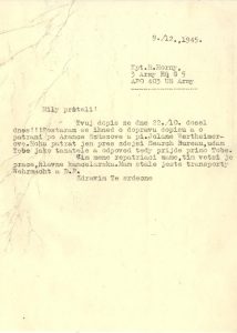 Žádost MOPSP o pátrání po R. Peřinovi z Brna, vězněném členu Obrany národa, postoupená 9. 1. 1946 hlavnímu repatriačnímu styčnému důstojníkovi mjr. L. Riegerovi. (R. Peřina zemřel v Německu na následky věznění již 26. 9. 1945)