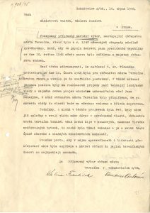 Memorandum zástupců vysídlených civilních obyvatel Terezína žádající ministra vnitra V. Noska o urychlení návratu do jejich domovů.
