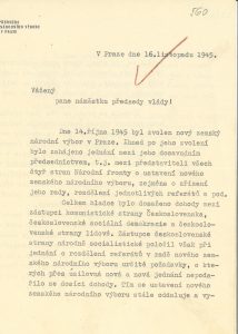 Žádost předsedy pražského ZNV L. Kopřivy o pomoc s vyjednáním při obsazování jednotlivých funkcí v rámci ZNV v Praze, zaslaná předsedovi KSČ K. Gottwaldovi.