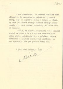 Žádost předsedy pražského ZNV L. Kopřivy o pomoc s vyjednáním při obsazování jednotlivých funkcí v rámci ZNV v Praze, zaslaná předsedovi KSČ K. Gottwaldovi.