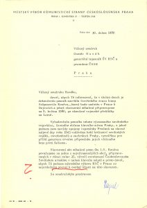 Pozvánka vedoucího tajemníka městského výboru KSČ v Praze A. Kapka adresovaná generálnímu tajemníkovi ÚV KSČ a prezidentu republiky G. Husákovi na slavnostní odhalení pomníku maršála Koněva v pražské Bubenči 9. května 1980.