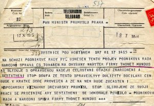 Telegram se žádostí podnikové rady Československých továren na ohýbaný nábytek Thonet Mundus, a. s. v Bystřici pod Hostýnem o zestátnění firmy, zaslaný ministru průmyslu B. Laušmanovi.