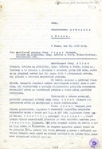 Žádost závodní rady, odborové organizace i národního správce firmy Jirat Richard, továrna na překližky, dýhy, laťovky a dveře v Praze-Vysočanech o zestátnění podniku, adresovaná Ministerstvu průmyslu.