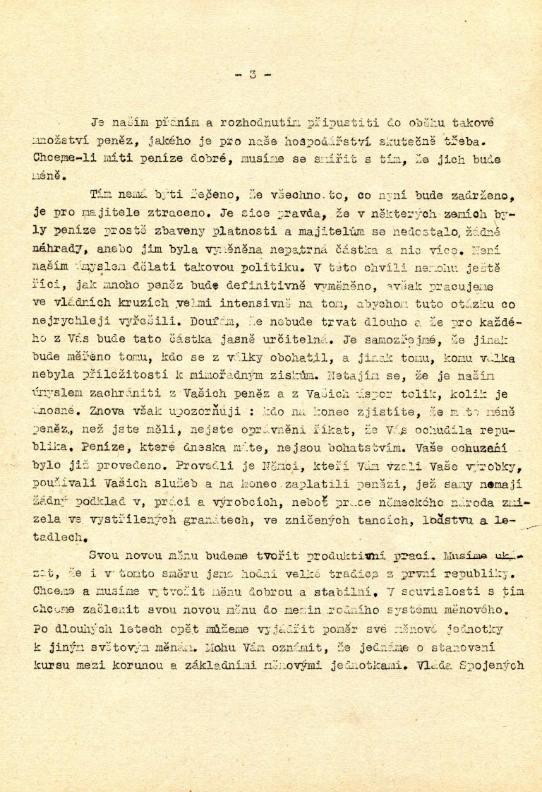 Rozhlasový projev předsedy vlády Z. Fierlingera k měnové reformě a následný výklad ministra financí V. Šrobára.