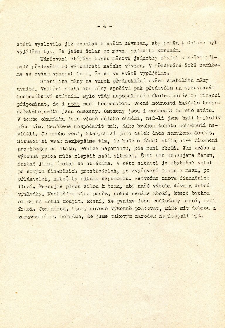 Rozhlasový projev předsedy vlády Z. Fierlingera k měnové reformě a následný výklad ministra financí V. Šrobára.