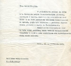 Poděkování Ministerstva zahraničních věcí britské vládě za přepravu nových československých platidel z Anglie do Prahy (s průvodním dopisem)