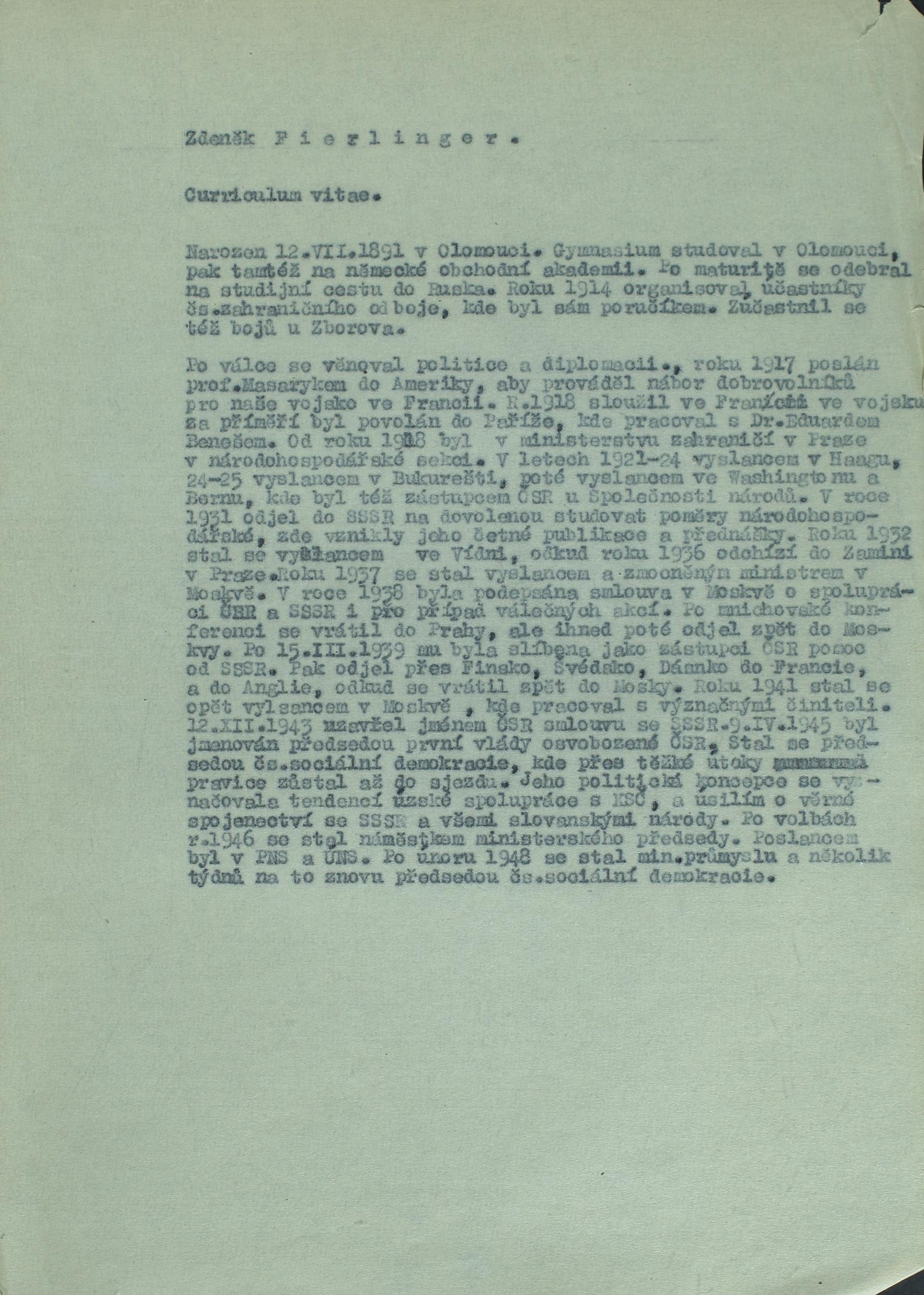 Životopis Z. Fierlingera vypracovaný evidenčním oddělením ÚV KSČ.