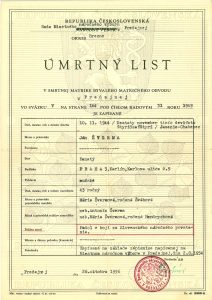 Úmrtní list J. Švermy vystavený dodatečně na žádost ÚV KSČ.