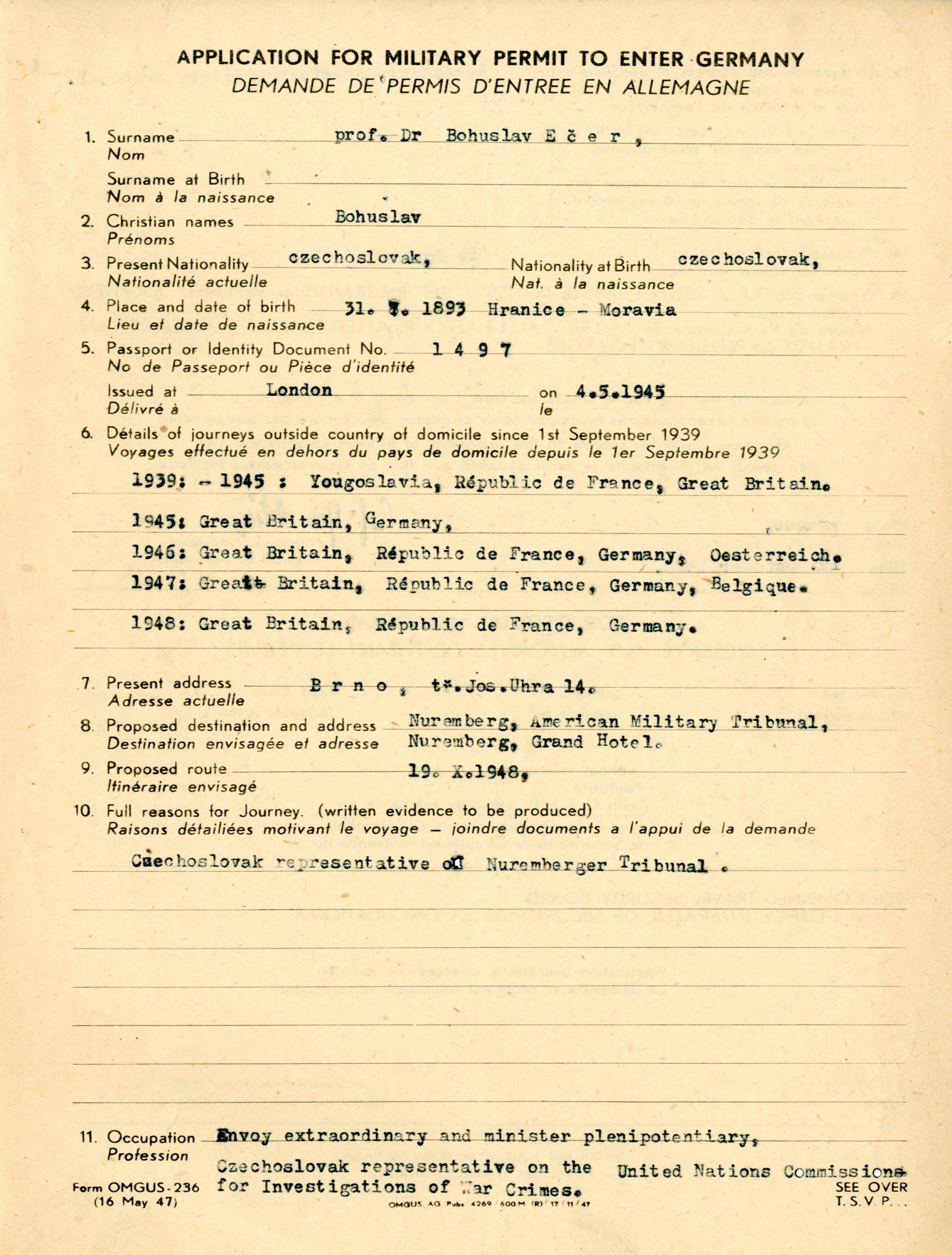 Žádost B. Ečera jako čs. delegáta u norimberského vojenského soudu o povolení vstupu do Německa.