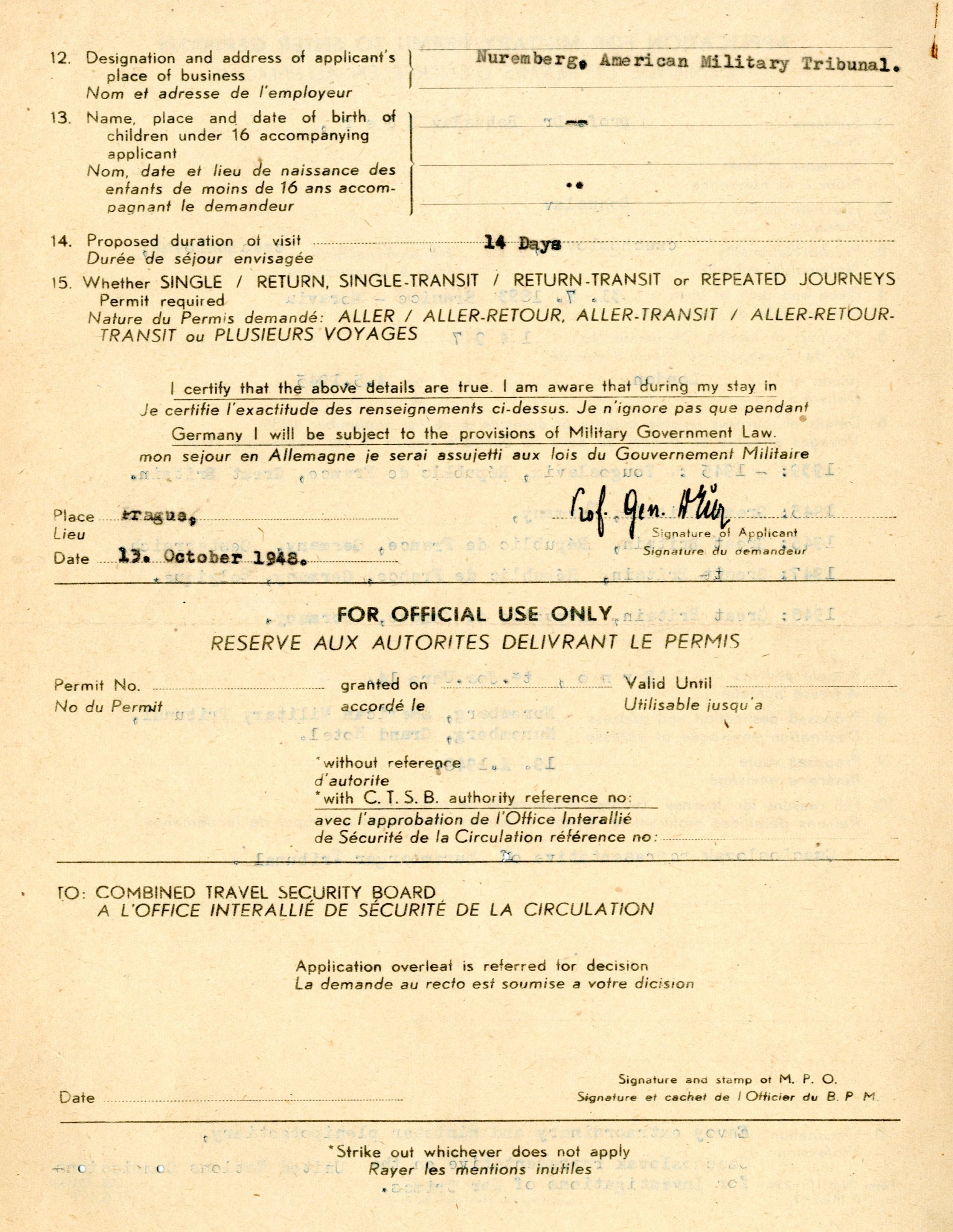 Žádost B. Ečera jako čs. delegáta u norimberského vojenského soudu o povolení vstupu do Německa.