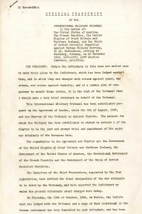 Úvod protokolu ze zasedání Mezinárodního vojenského tribunálu v procesu proti hlavním válečným zločincům.