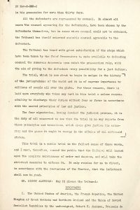 Úvod protokolu ze zasedání Mezinárodního vojenského tribunálu v procesu proti hlavním válečným zločincům.