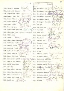 Prezenční listina zástupců KSČ a KSS na zasedání rozšířeného Ústředního výboru KSČ.