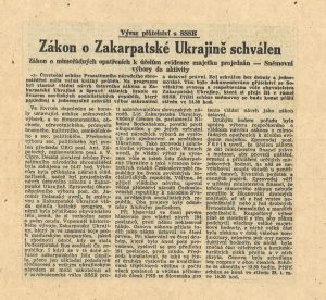Článek deníku Práce o projednávání Zákona o Zakarpatské Ukrajině na schůzi PNS.