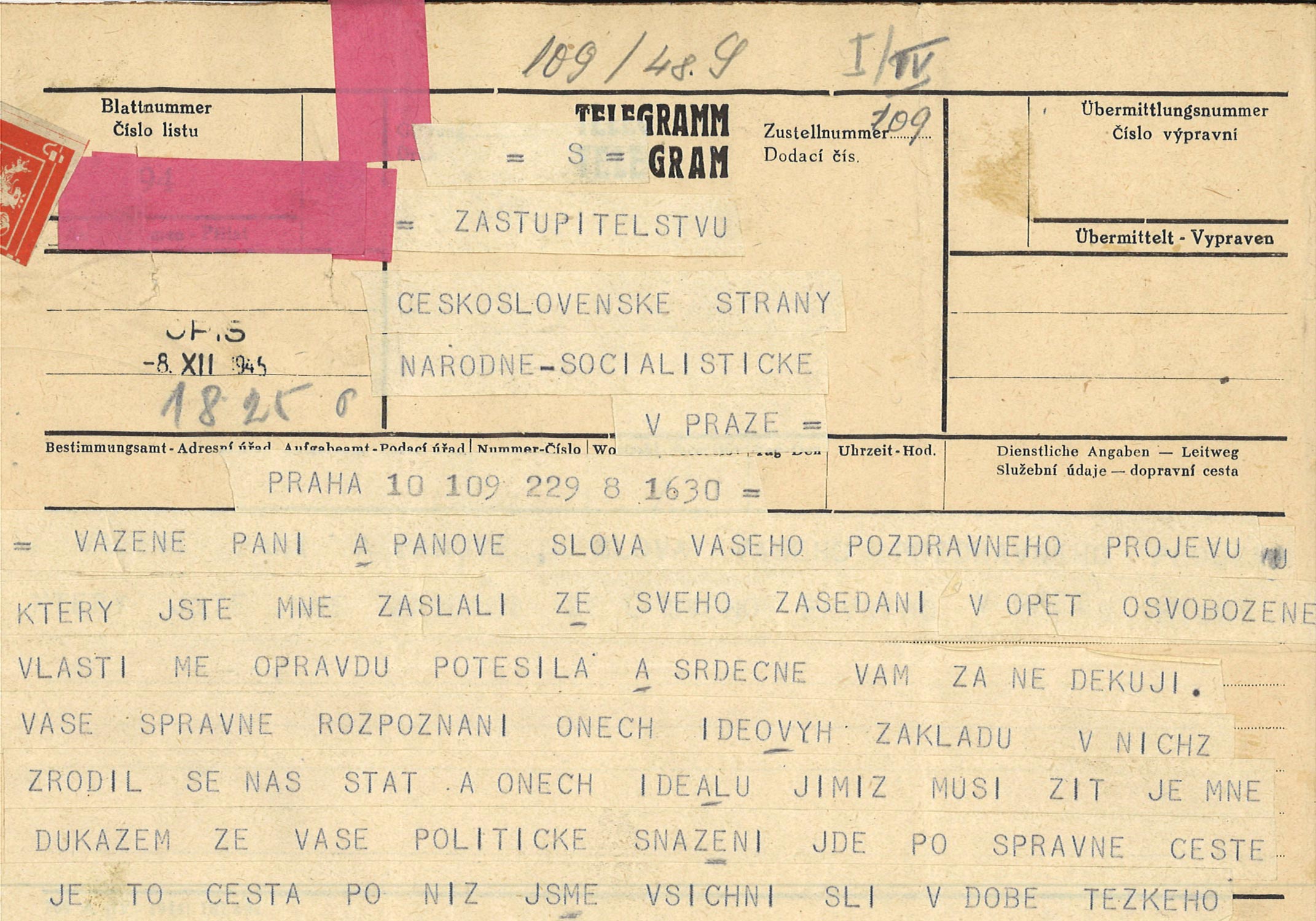 Pozdravný telegram prezidenta republiky E. Beneše zaslaný sjezdu ČSNS.