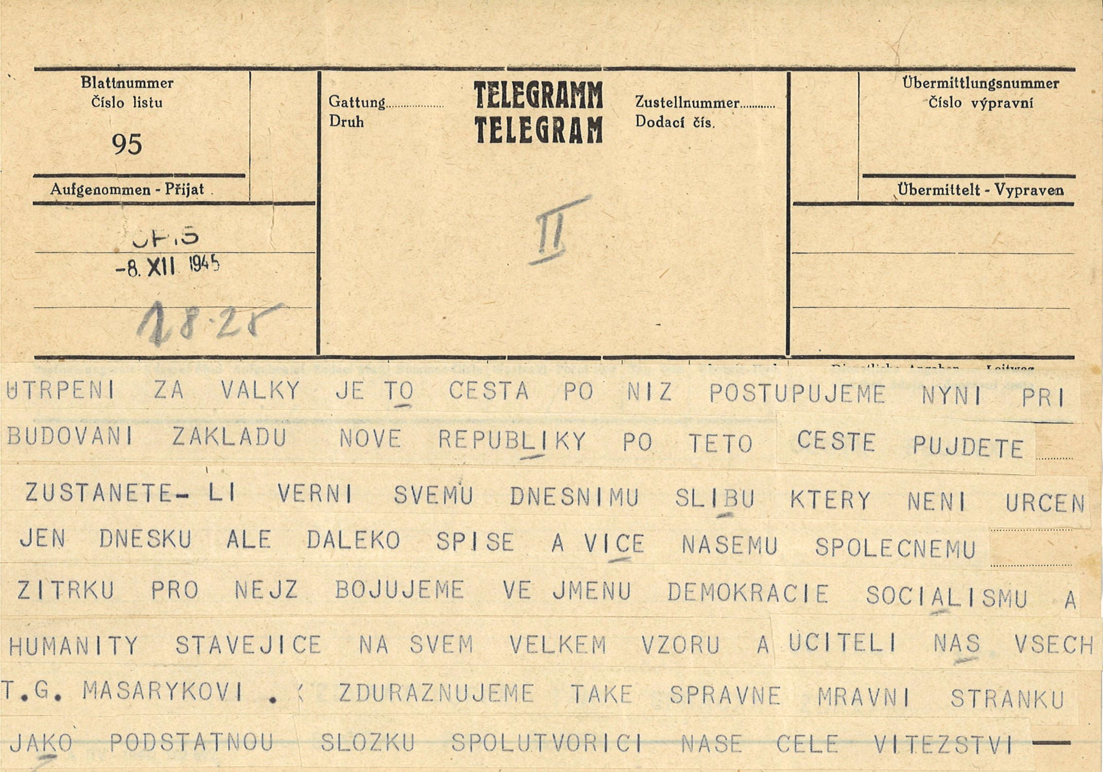 Pozdravný telegram prezidenta republiky E. Beneše zaslaný sjezdu ČSNS.