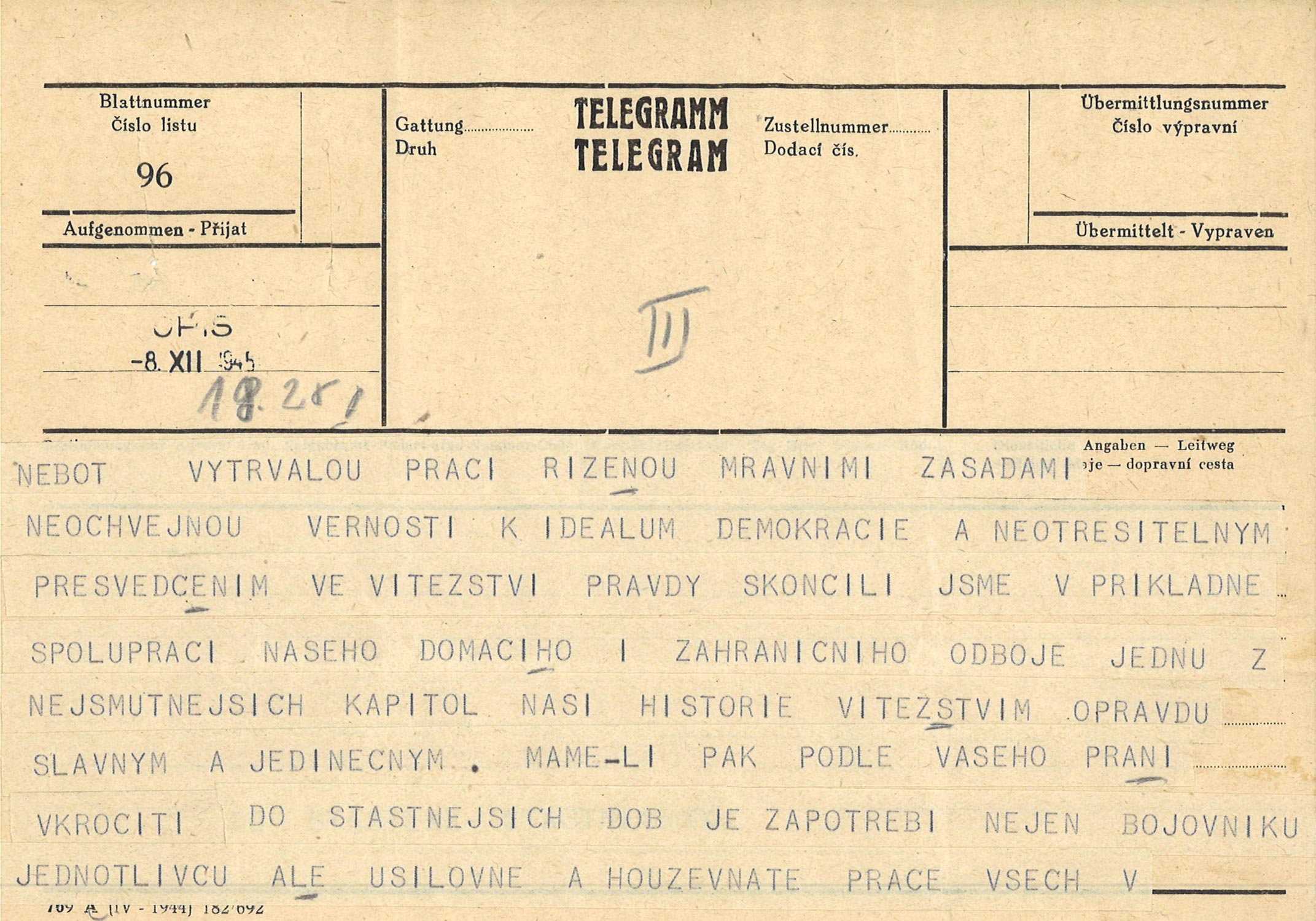 Pozdravný telegram prezidenta republiky E. Beneše zaslaný sjezdu ČSNS.