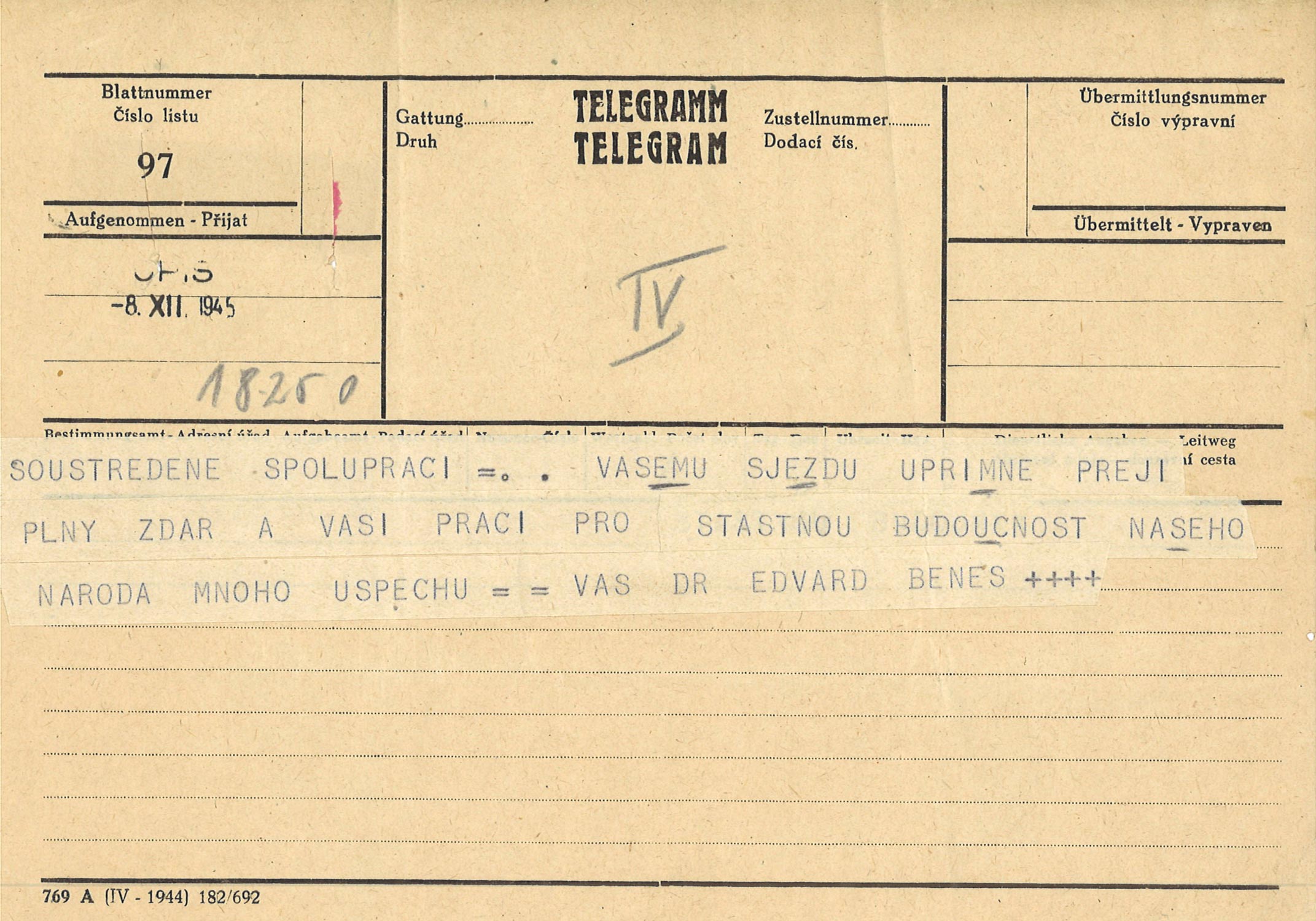 Pozdravný telegram prezidenta republiky E. Beneše zaslaný sjezdu ČSNS.