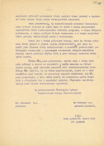 Dopis předsednictva ÚV KSČ prezidentu republiky E. Benešovi reagující na demisi nekomunistických ministrů (verze určená k tisku v deníku Rudé právo).