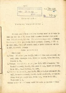 Úvodní část rozsudku Národního soudu v Praze nad O. Bláhou, R. Rychtrmocem a G. Mohaplem.