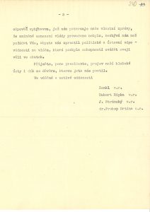 Demise členů vlády za ČSNS, P. Zenkla, H. Ripky, J. Stránského a P. Drtiny, podaná prezidentovi republiky E. Benešovi a zaslaná v opise předsedovi vlády K. Gottwaldovi.