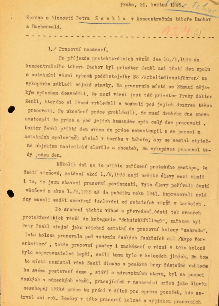 Zpráva o údajné protikomunistické činnosti P. Zenkla během věznění v koncentračním táboře Dachau a Buchenwald.