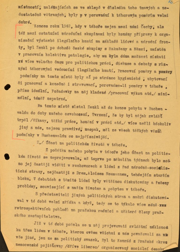 Zpráva o údajné protikomunistické činnosti P. Zenkla během věznění v koncentračním táboře Dachau a Buchenwald.