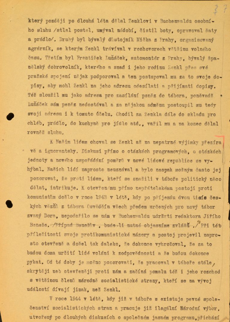 Zpráva o údajné protikomunistické činnosti P. Zenkla během věznění v koncentračním táboře Dachau a Buchenwald.