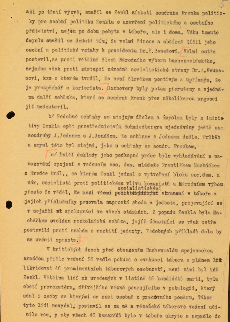 Zpráva o údajné protikomunistické činnosti P. Zenkla během věznění v koncentračním táboře Dachau a Buchenwald.