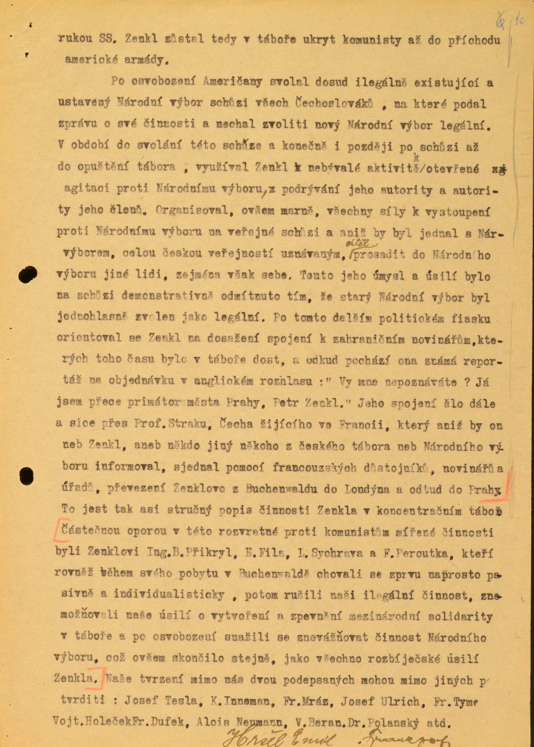 Zpráva o údajné protikomunistické činnosti P. Zenkla během věznění v koncentračním táboře Dachau a Buchenwald.